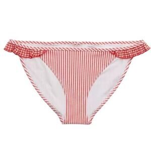 NWT Aerie Women's Seersucker Striped Ruffle Bikini Bottom Maroon Lagoon Size S